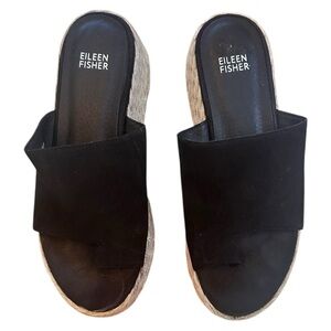Eileen Fisher Womens Leather Toe Ring Slide On Wedge Sandals Black Size 7